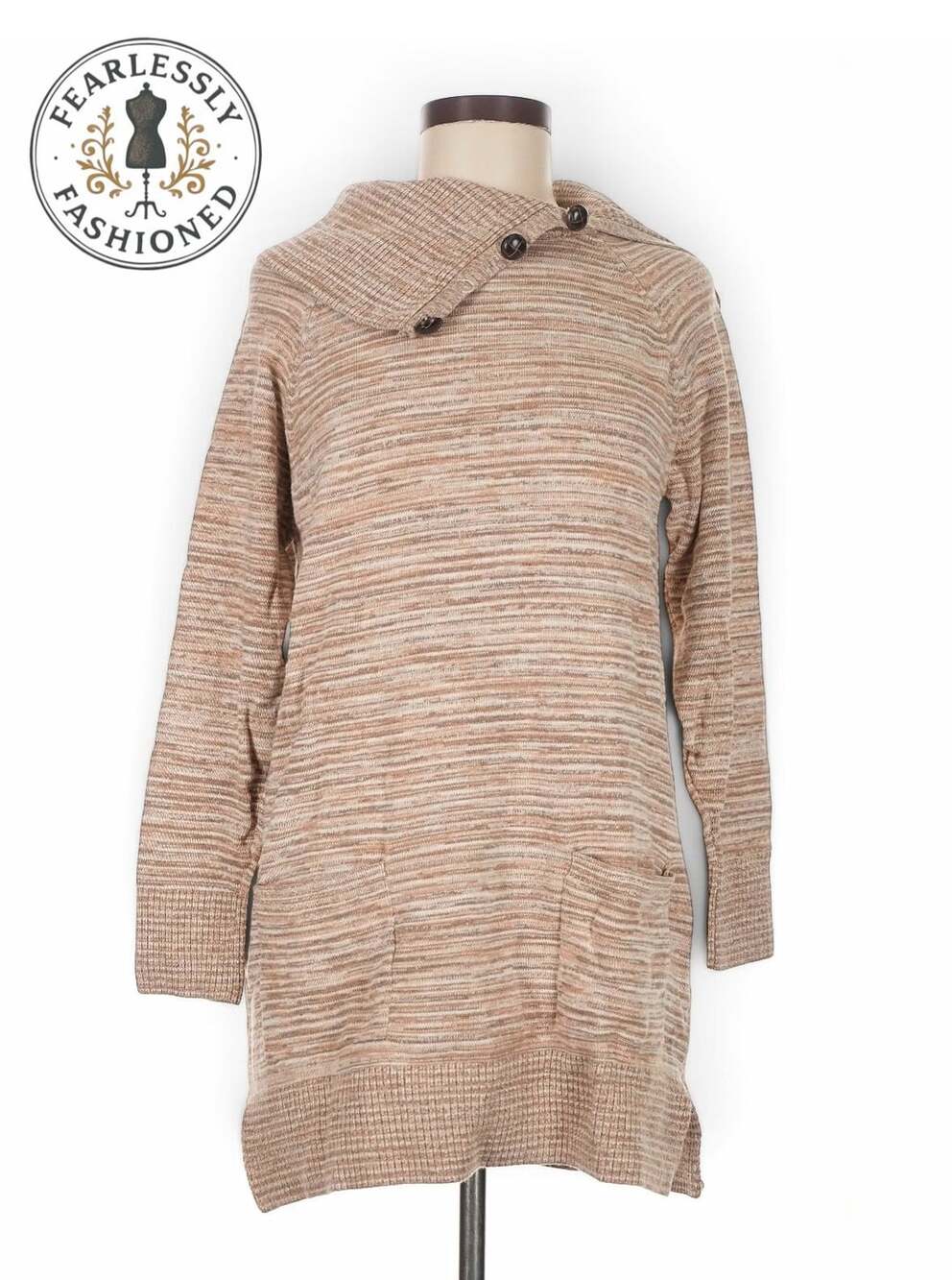 Eight Eight Eight Women's Size M Tan Space Dye Button Cowl Neck Long Sweater
